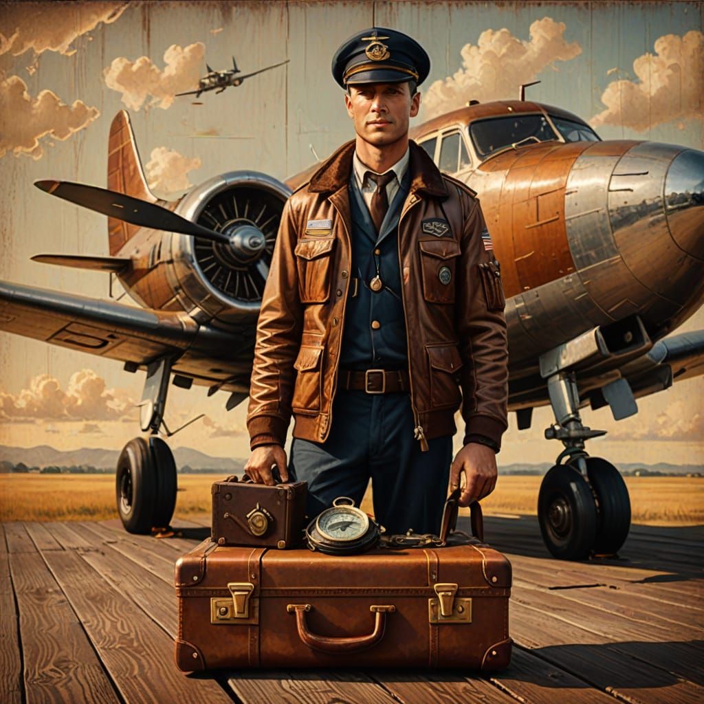 Retro Aviation Art with Compass and Vintage Airplane
