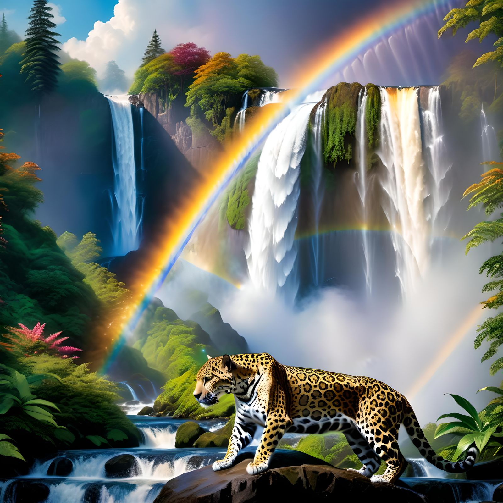 Majestic Jaguar at Rainbow Waterfall: Hyperrealistic Photogr...