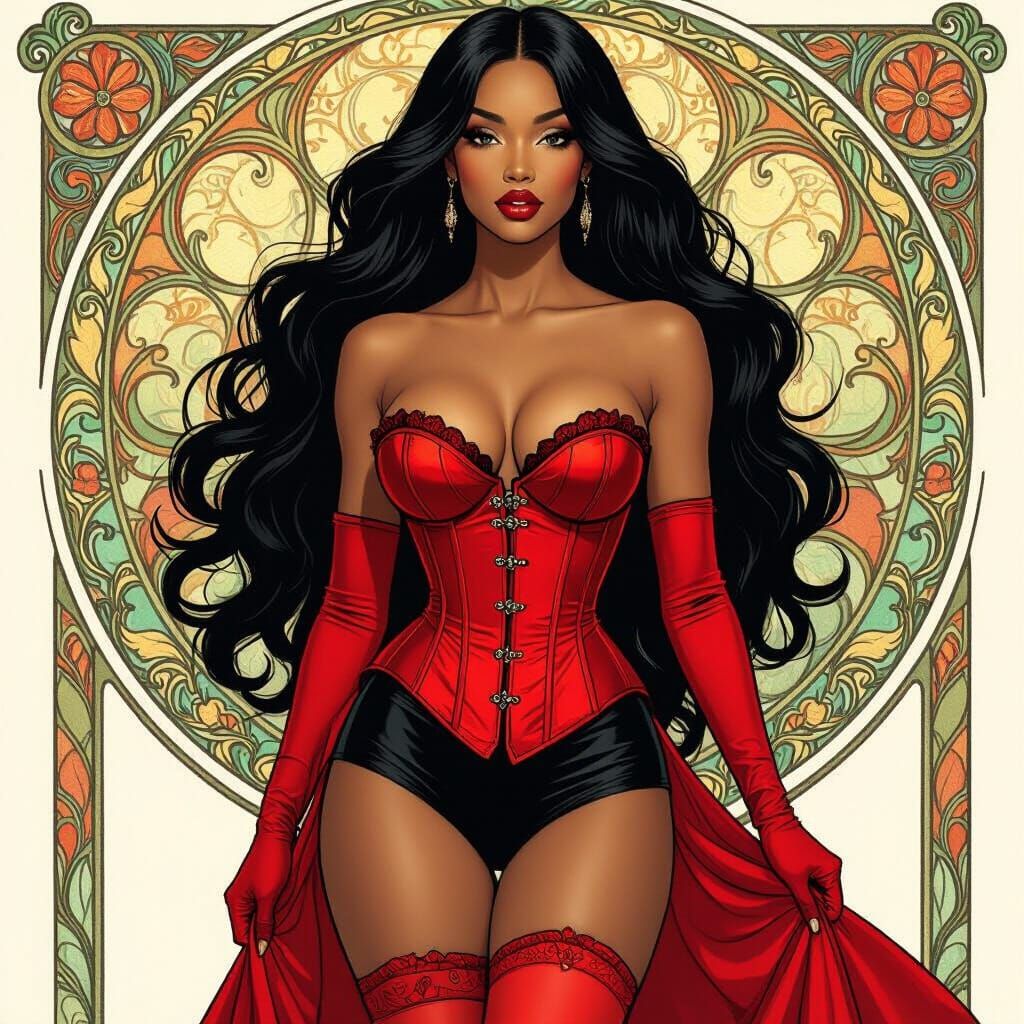 Elegant Woman in Red Corset, Art Nouveau Style