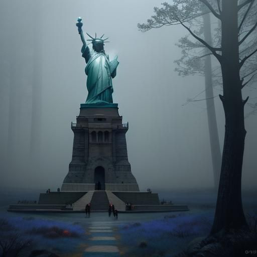 Statue of Liberty and Wolves in Misty Forest