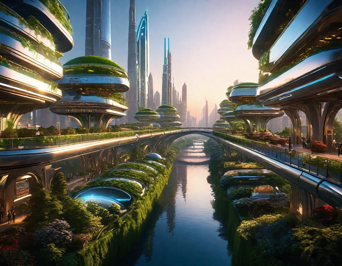 Futuristic Utopian Cityscape at Magic Hour