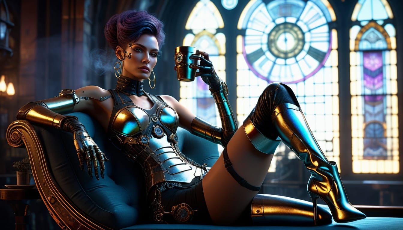 Steampunk Cyborg Woman in Luxurious Setting