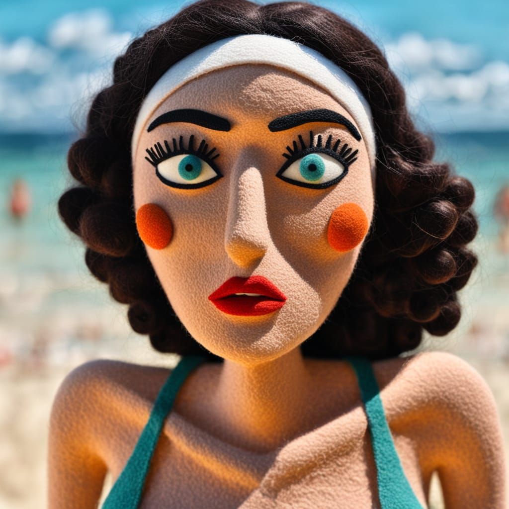 Woman in Felt Bikini with Shocked Expression