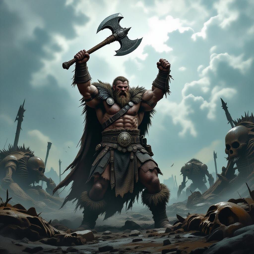 Barbarian Warrior on Post-Apocalyptic Battlefield