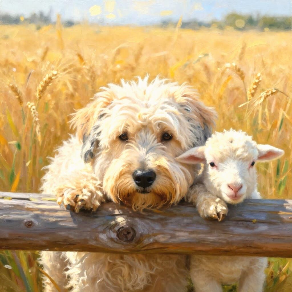 English Sheepdog Rests with Lamb in Golden Wheat Field