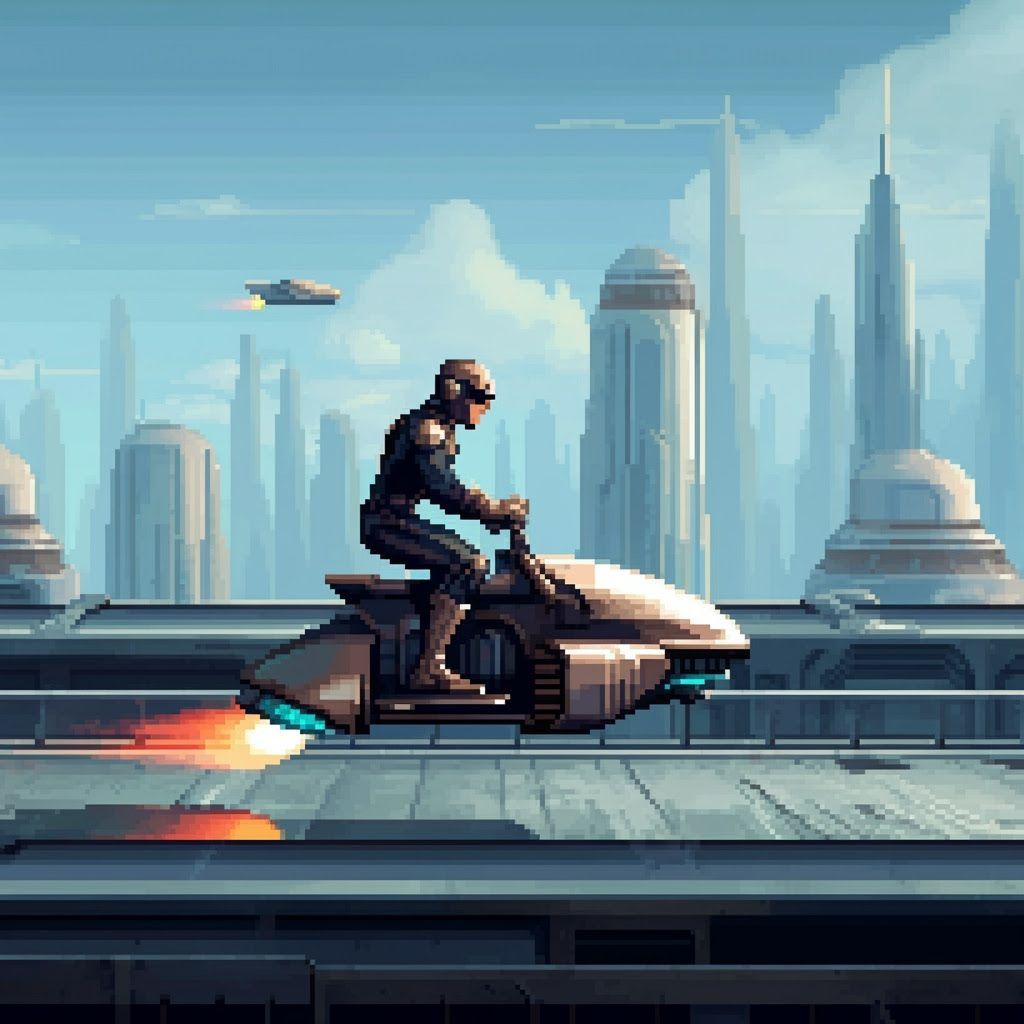 Retro Hero Rides Through 16-Bit Cyberpunk Cityscape