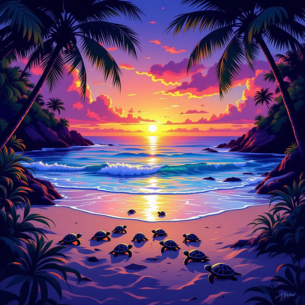 Bioluminescent Beach Sunset with Hatching Turtles