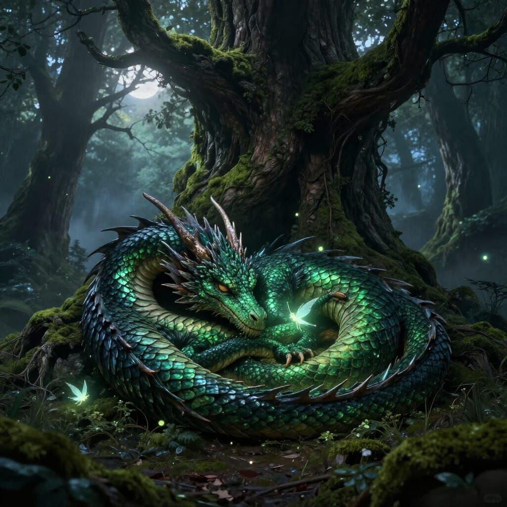 Dragon Sleeps in Enchanted Forest Under Moonlight