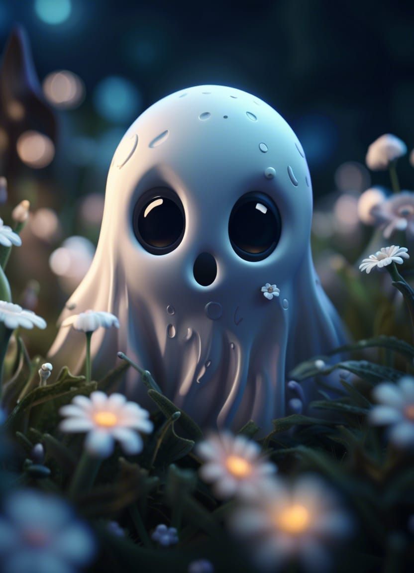 Cute Tiny Ghost in Flower Bed at Night