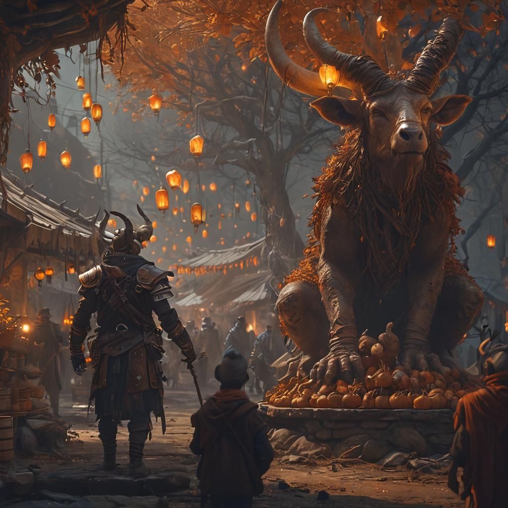 Fantasy Village with Horned Merchants and Mystical Lighting