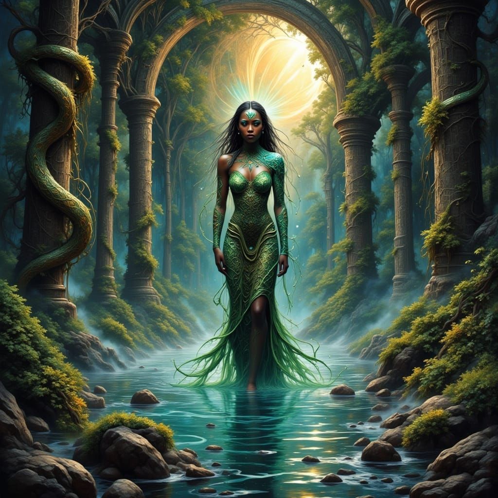 African Goddess Mami Wata in Ancient Temple Ruins