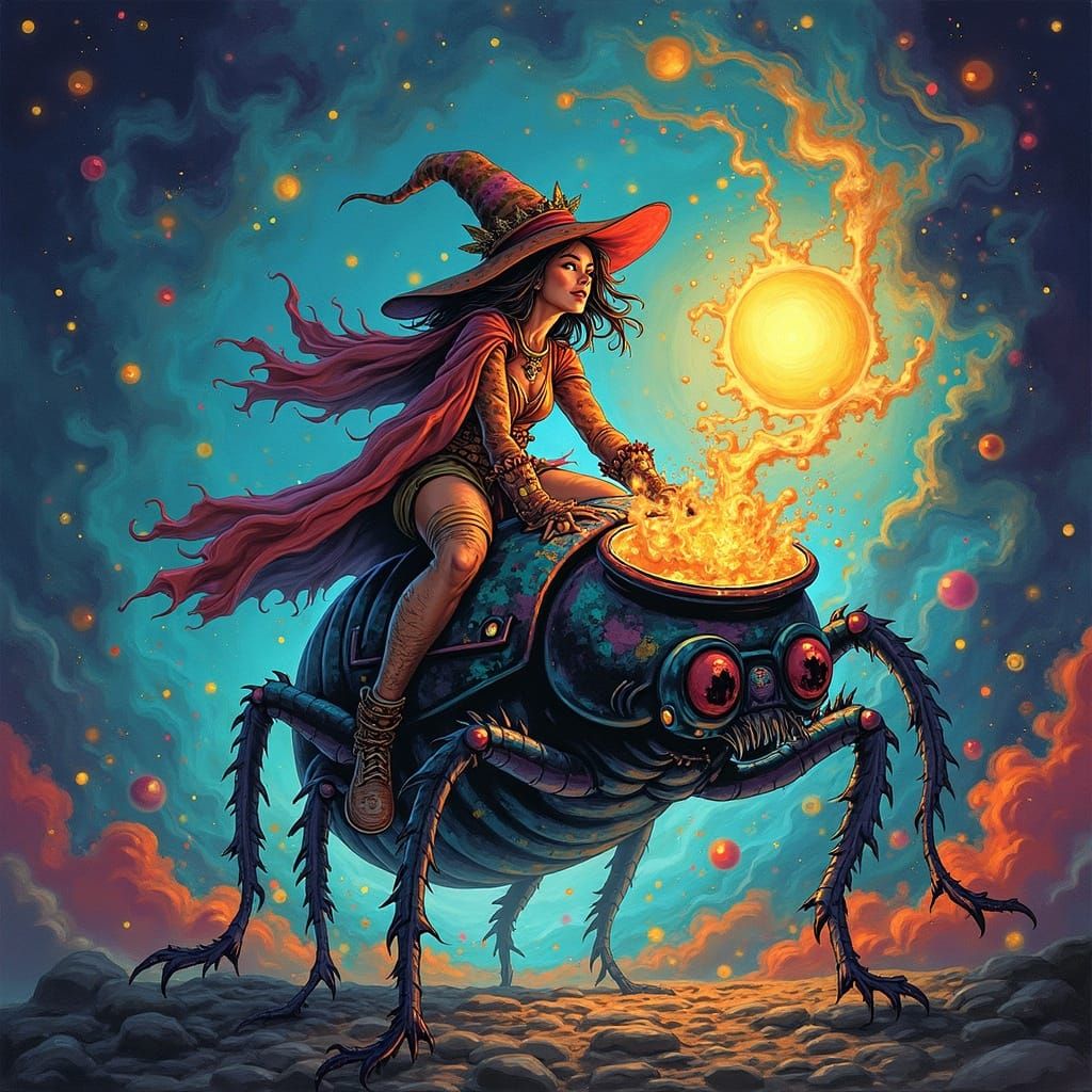 Witch Rides Iridescent Beetle Through Stardust Vortex