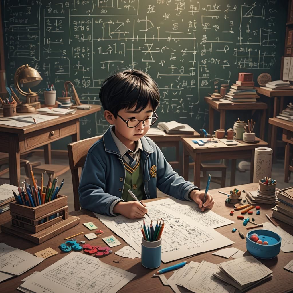 Asian Child Concentrating on Math Test Cartoon