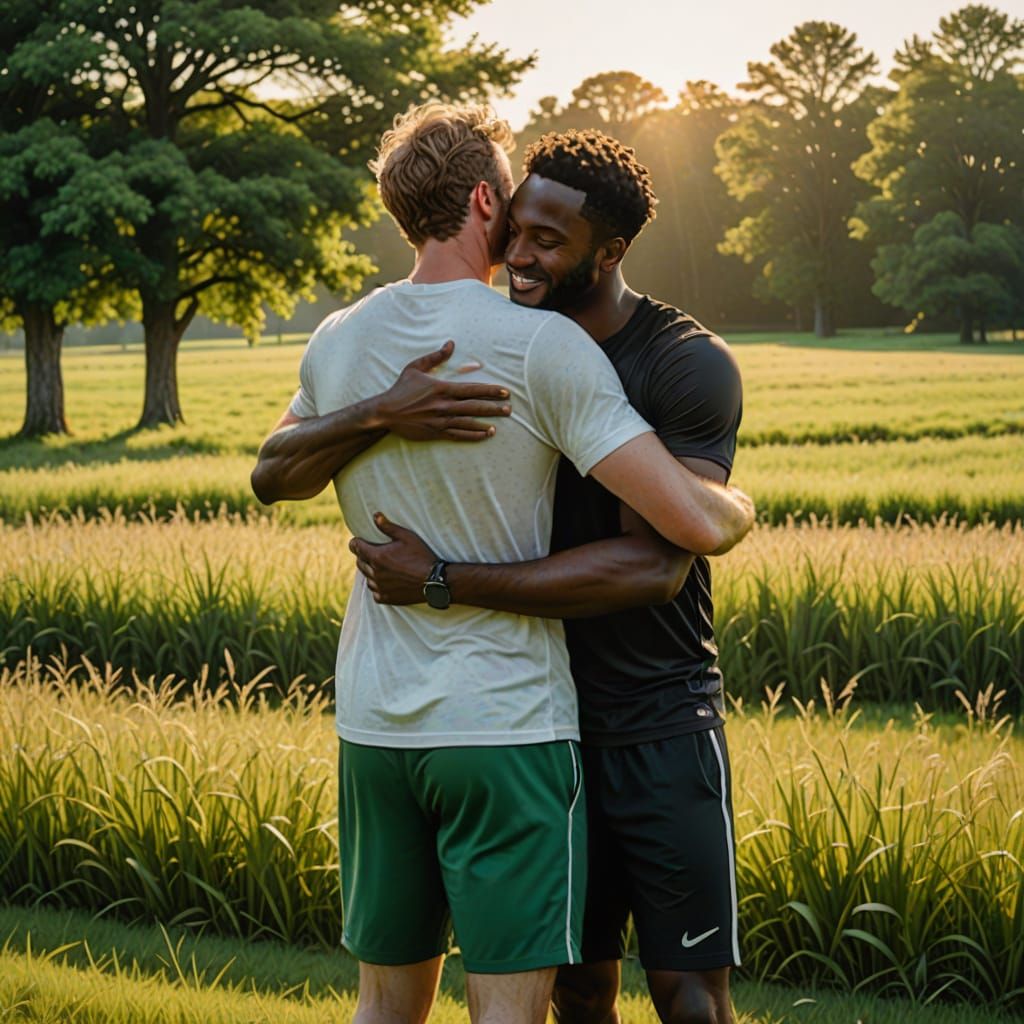 Friends Share a Heartwarming Hug on a Sunny Soccer Field
