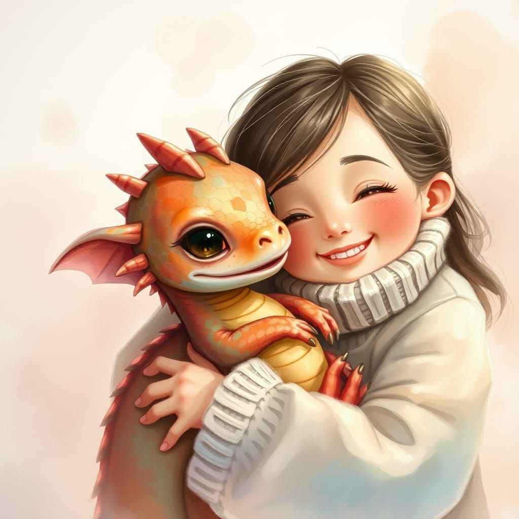 Endearing Dragon Snuggles Grateful Girl: Whimsical Digital A...