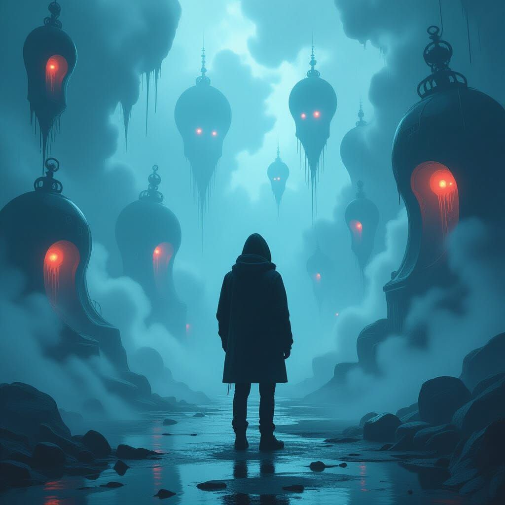 Mystified Person in Dreamlike Sci-Fi Landscape