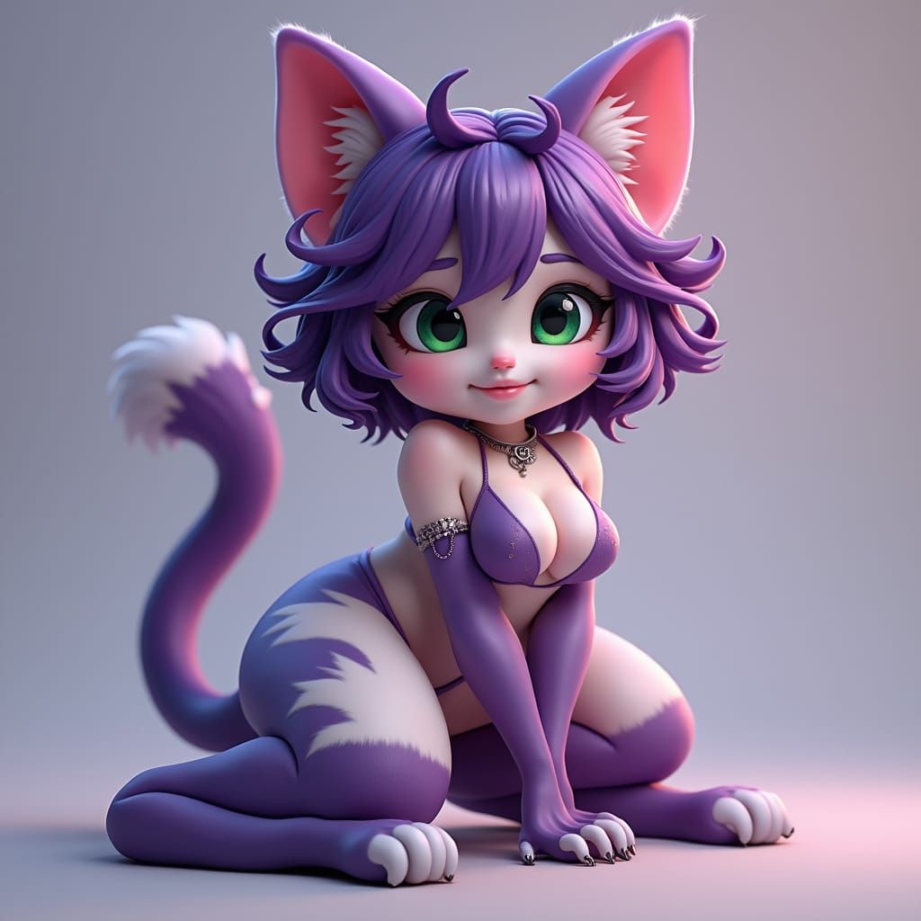 Cyberpunk Catgirl with Voluptuous Figure and Complex Hair