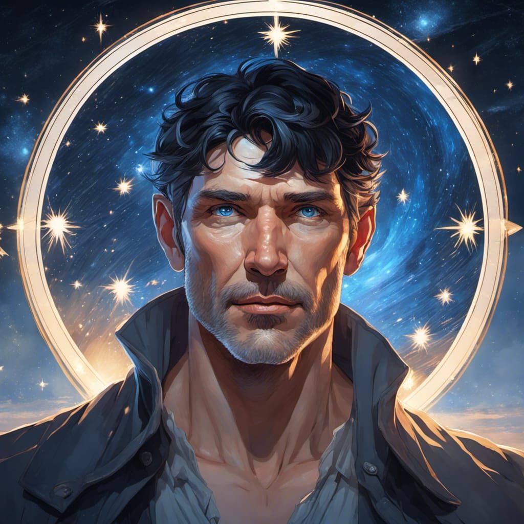 Man Glimpses Starry Night, Digital Art Portrait