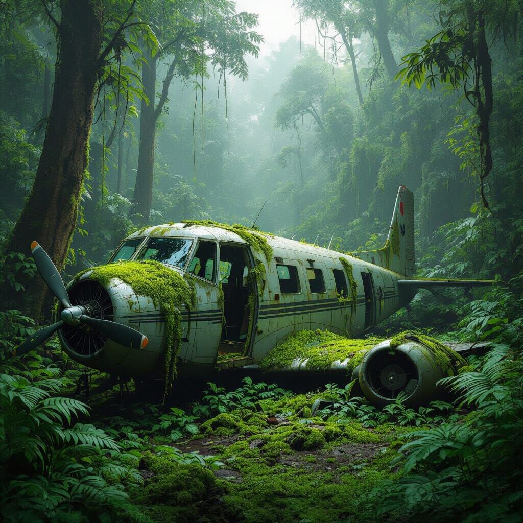 Rainforest Plane Wreckage in Atmospheric Style