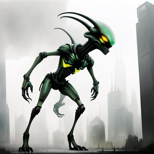 Alien Creature in Dystopian Cityscape: Double Exposure Photo...