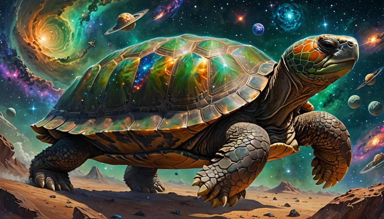 An epic sci fi giant god-like tortoise floating in outerspace. The tortoise is carrying spiral_galaxies on its shell bac...
