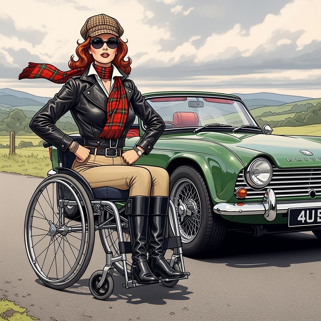 Confident Woman in Wheelchair with Triumph TR4, Comic Art