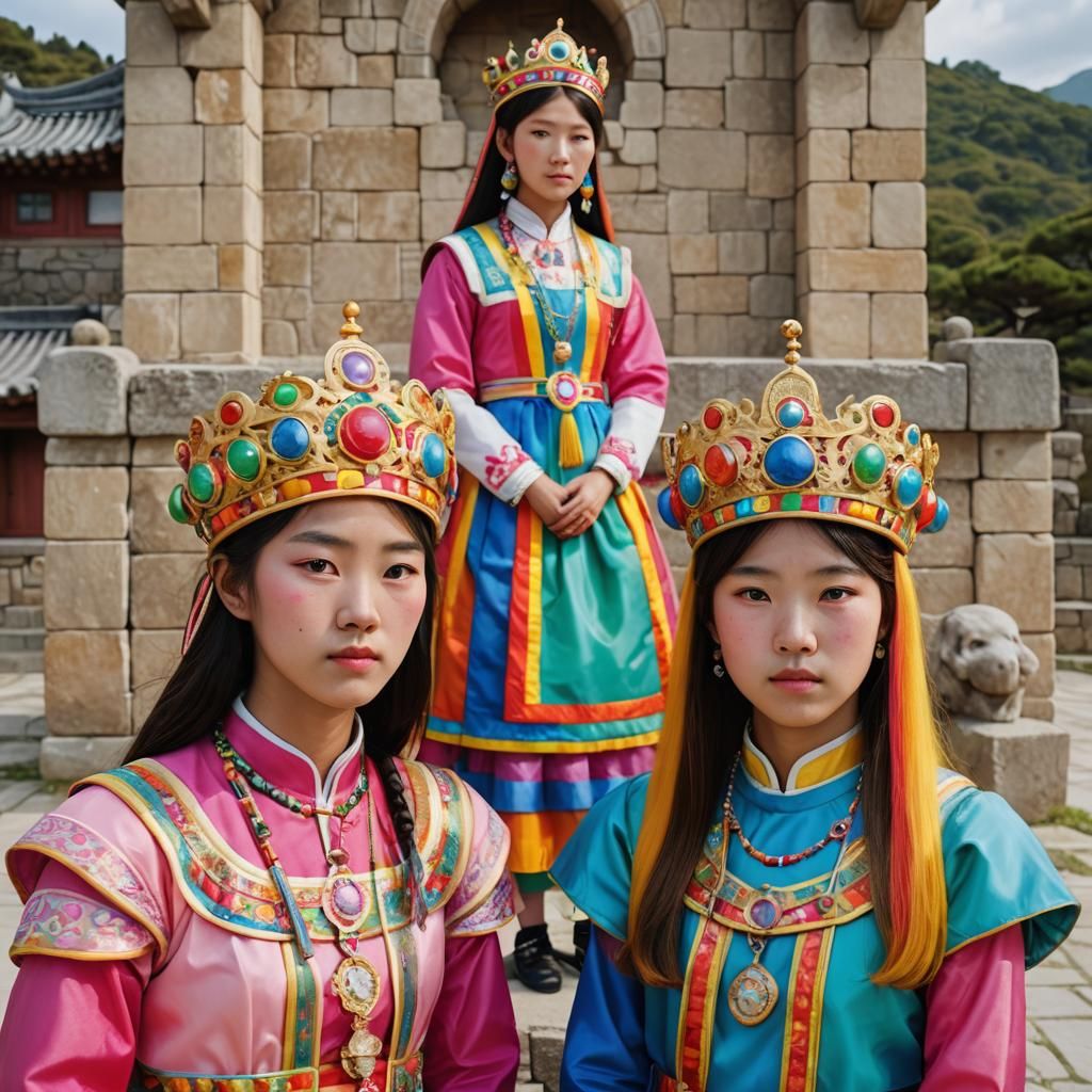South Korean Sisters in rainbow coloured Minoan traditional costume next to a statue of Princess Bubblegum at her castle...
