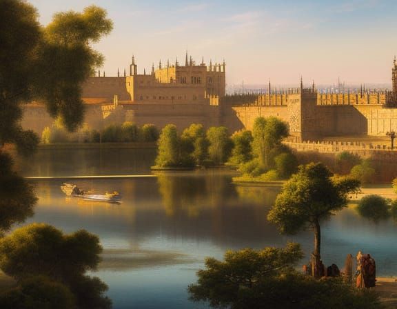 Alcázar of Seville View, Medieval Landscape in Watercolor