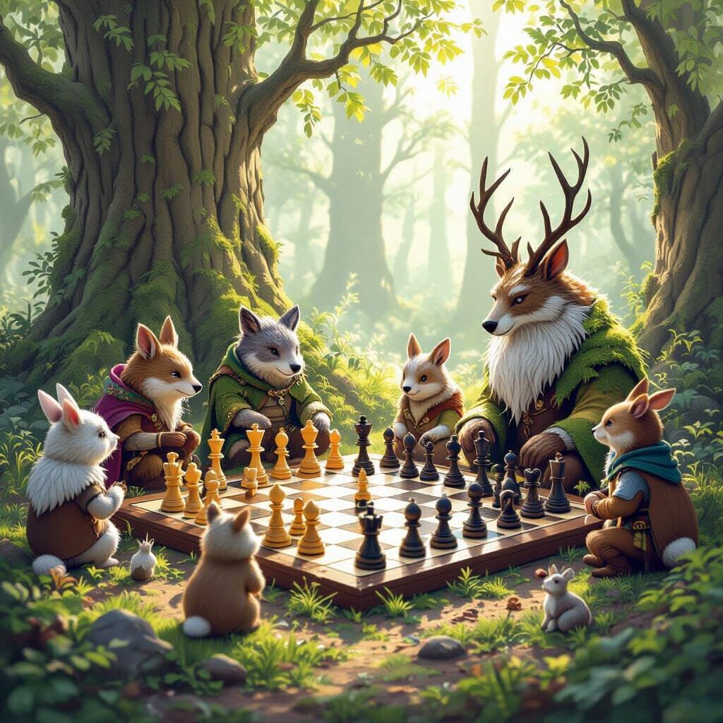 Woodland Creatures Play Chess in Enchanted Forest Clearing