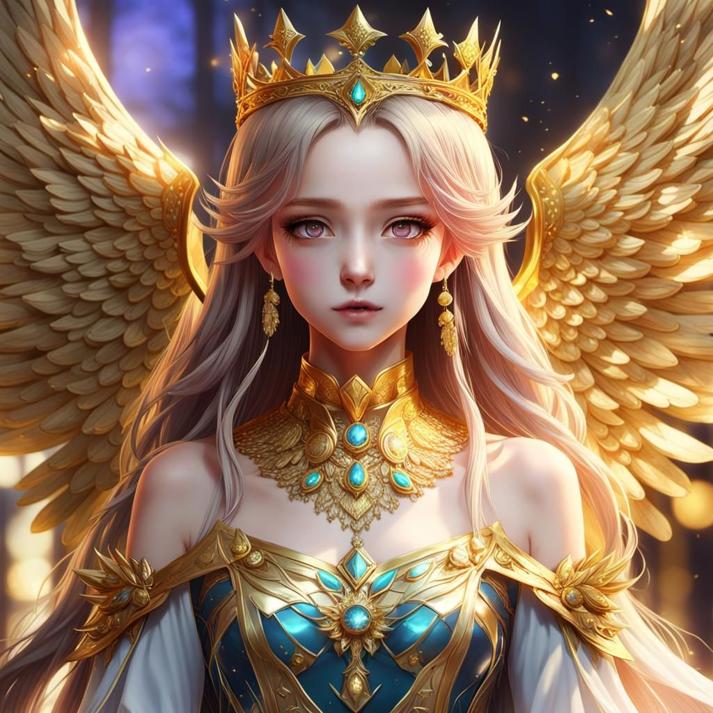 Majestic Winged Princess with Golden Crown in Anime Style