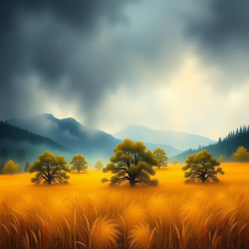 Thunderstorm Over Misty Mountains in Impressionistic Style