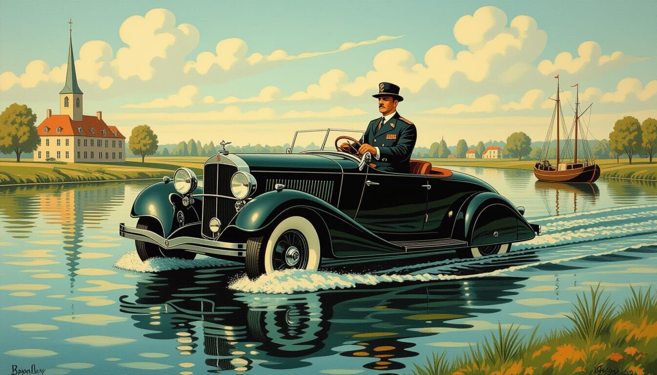 Captain Zeppos Drives Amphibious Car: Surreal Belgian Art