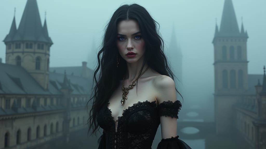 Ethereal Vampire Beauty in Gothic Cityscape