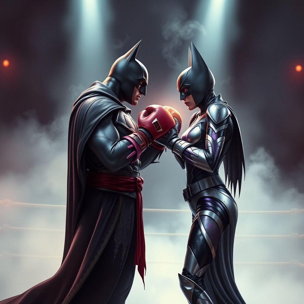 Batman and Batgirl Boxing Match in Kinkade Style