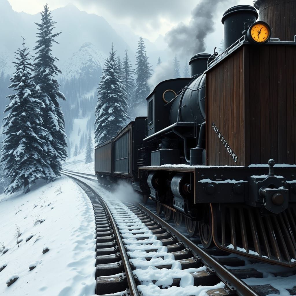 Majestic Iron Locomotive on Snowy Mountain Pass