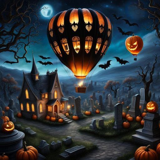 Halloween Hot Air Balloon Over Cemetery at Night