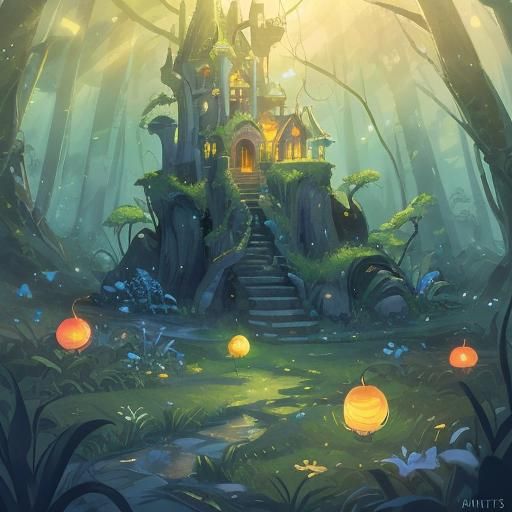 Misty Forest Illuminated by Fairy Lamps