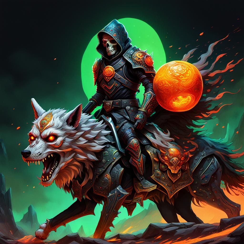 Reaper in Skull Armor Riding a Wolf