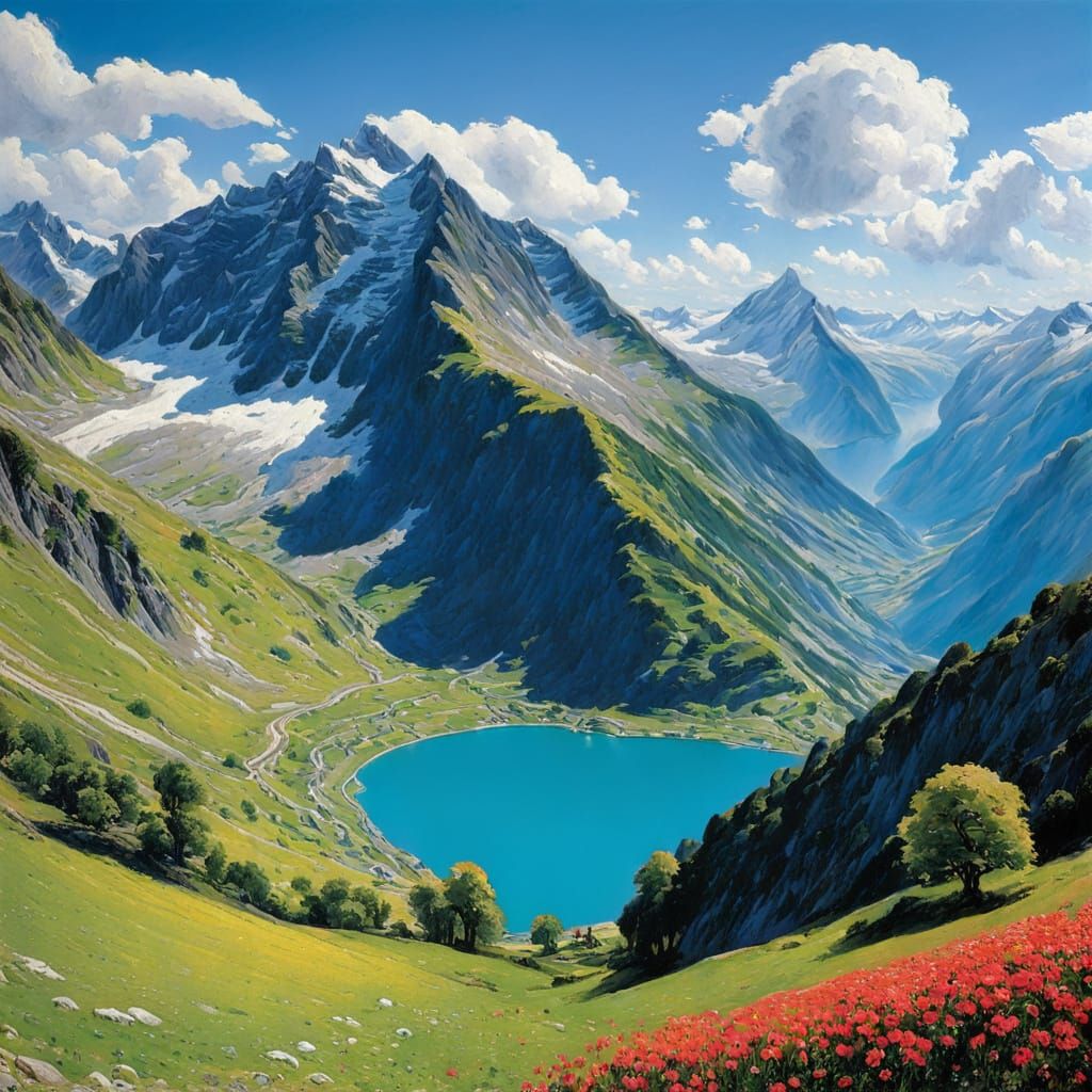 Vibrant Swiss Alps Lake in Detailed Landscape Style