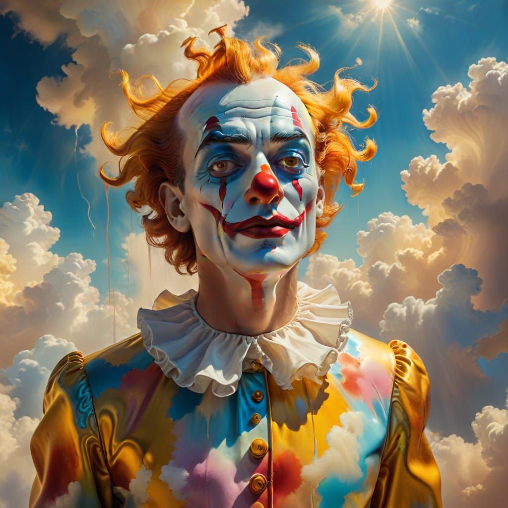 Surreal Clown in Clouds, Salvador Dali Style Oil Painting