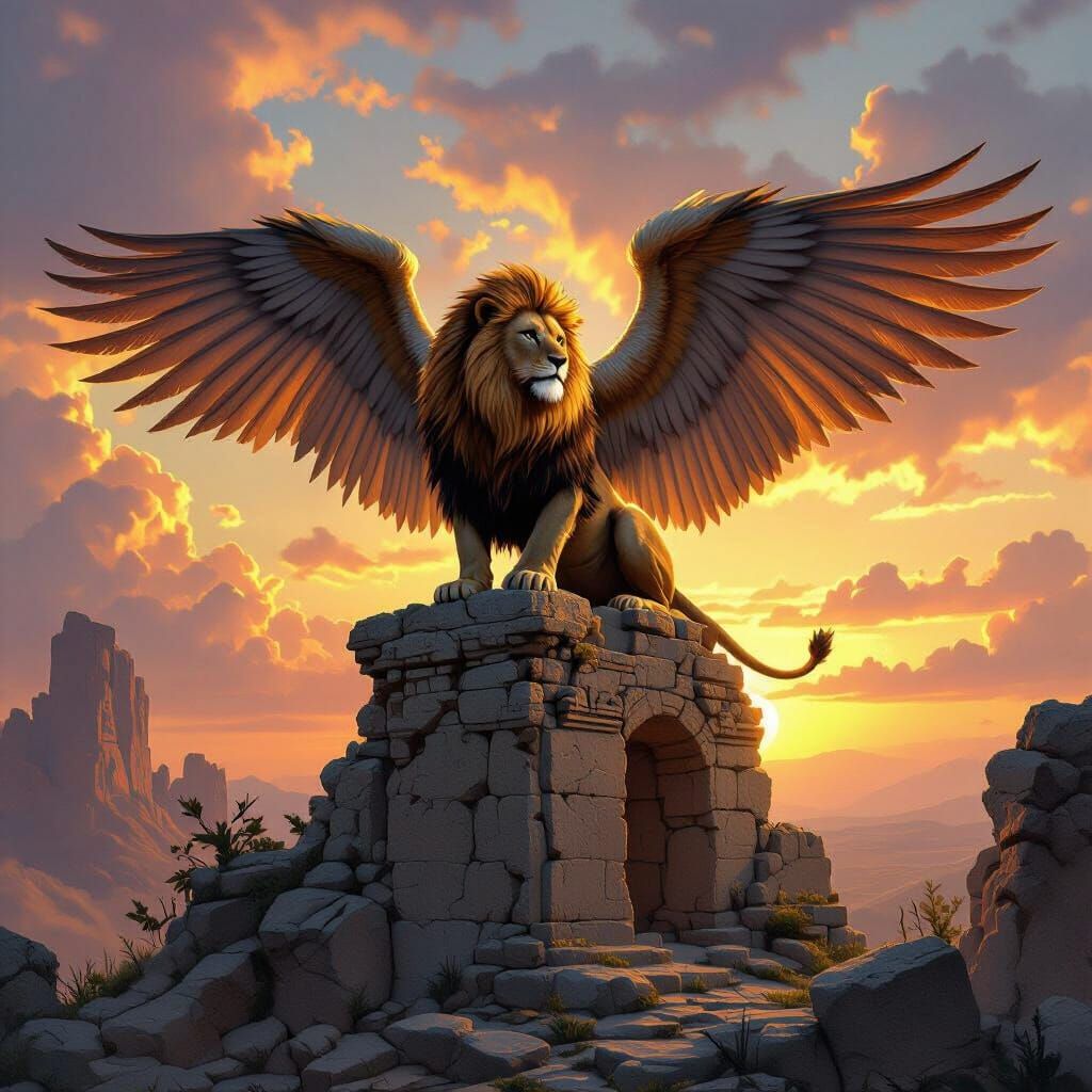 Winged Lion Perched on Ancient Ruins at Sunset