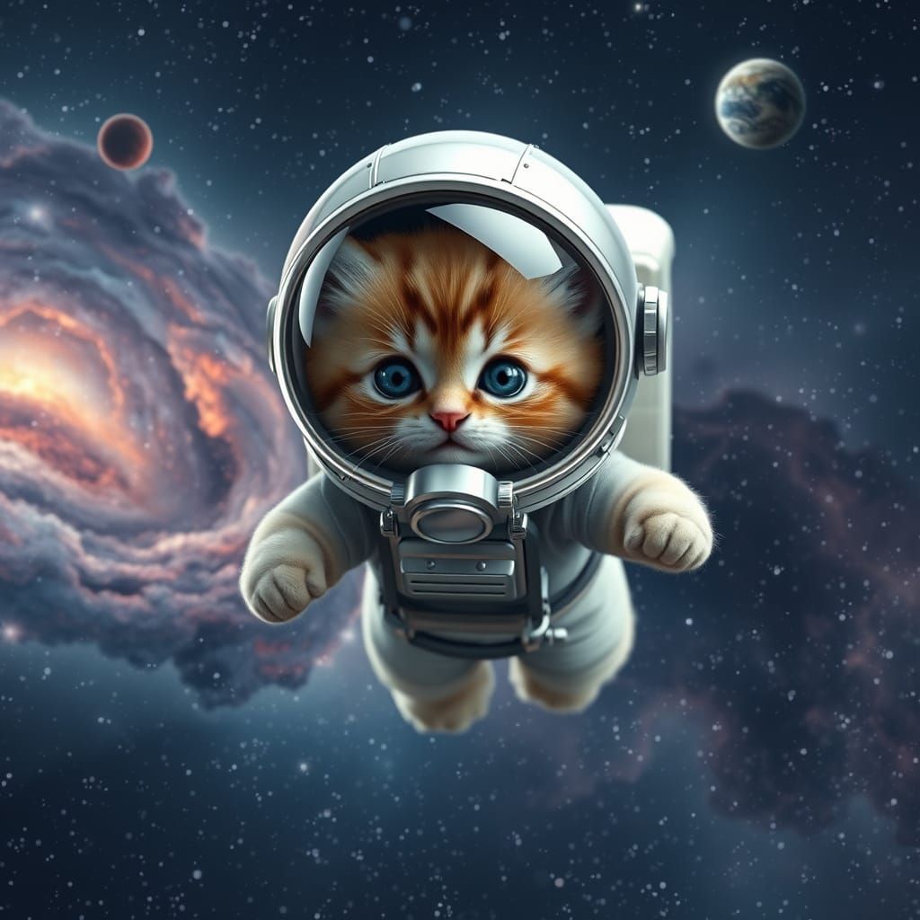 Realistic Baby Kitten in Space Suit Floating in Galaxy