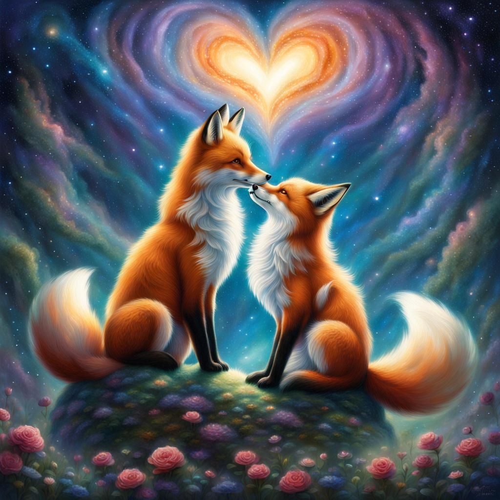 Foxes Form Heart Before Galaxy, Ethereal Fantasy