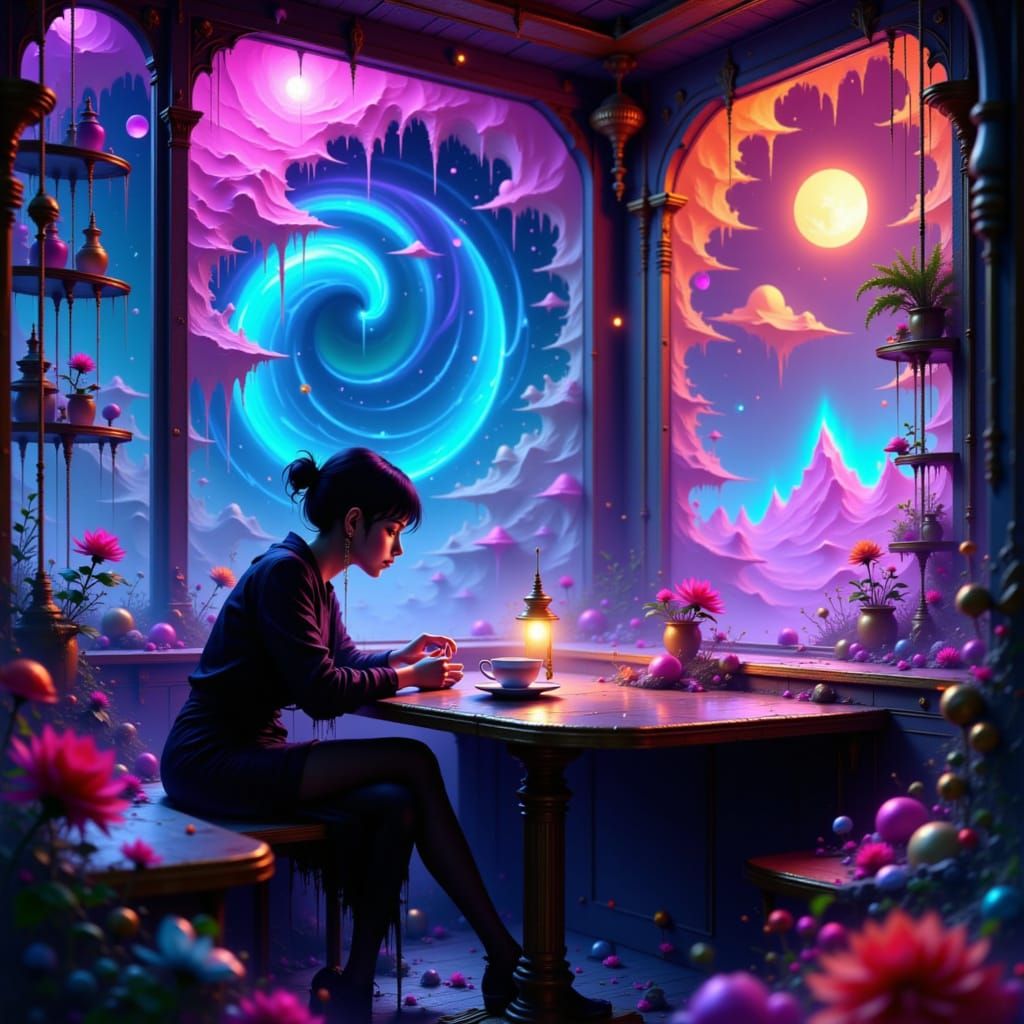 Cybernetic Woman in Mystical Celestial Cafe