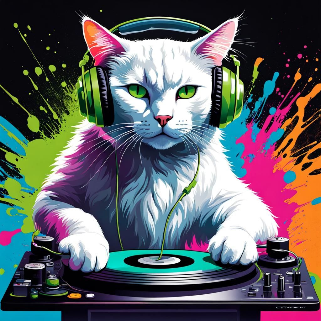 Cool Cat DJing with Headphones in Graffiti Style