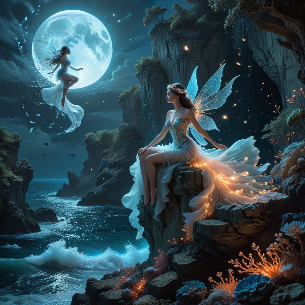 Elegant Fairy on Cliff Edge with Bioluminescent Sea