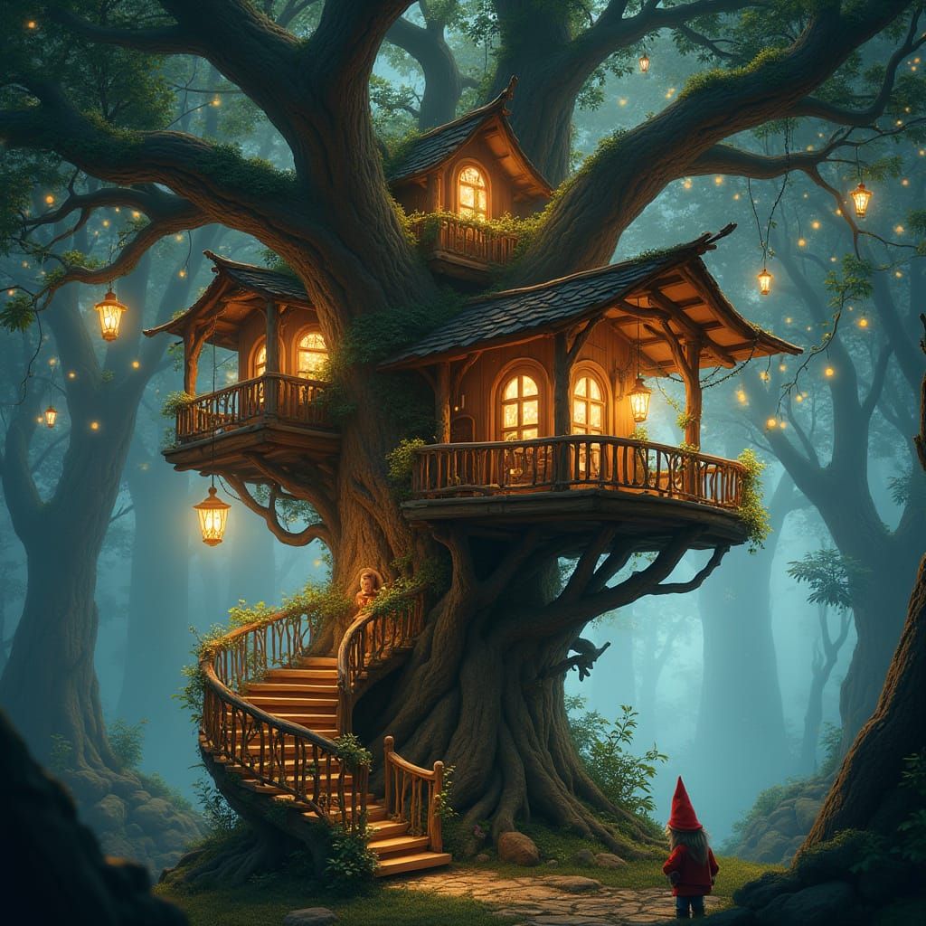 Whimsical Treehouse Amidst Ancient Oak's Branches