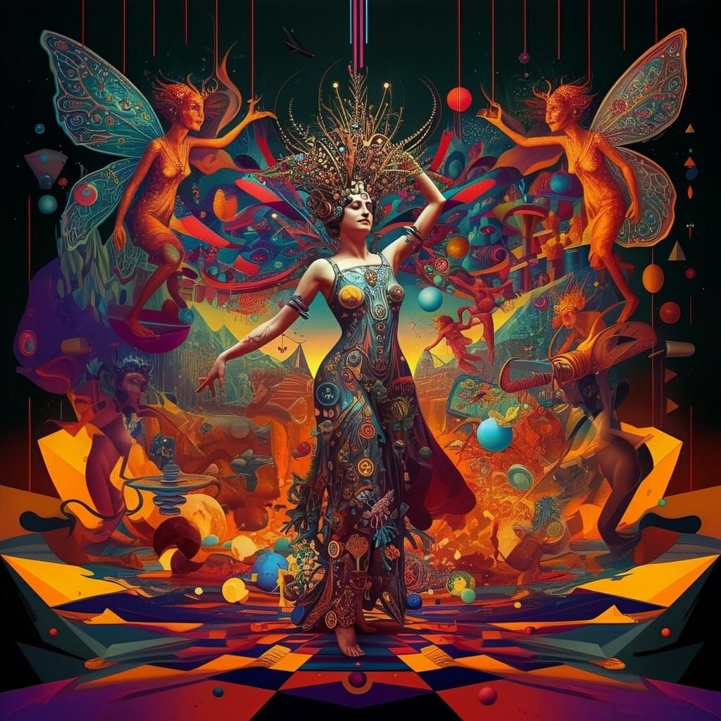 Surreal Cyberpunk Goddess Dances Amidst Whimsical Patterns