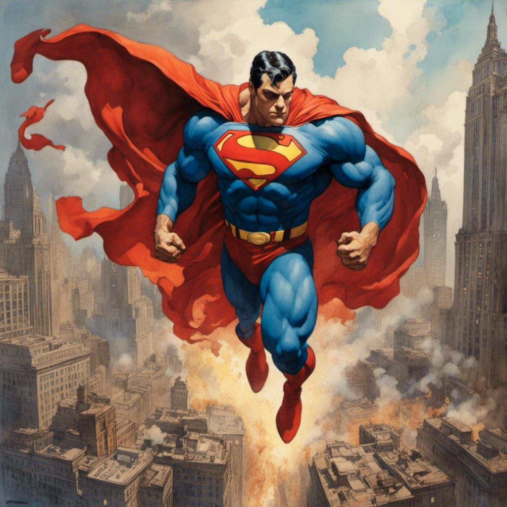 NYC Firefighter as Superman in Watercolor Style