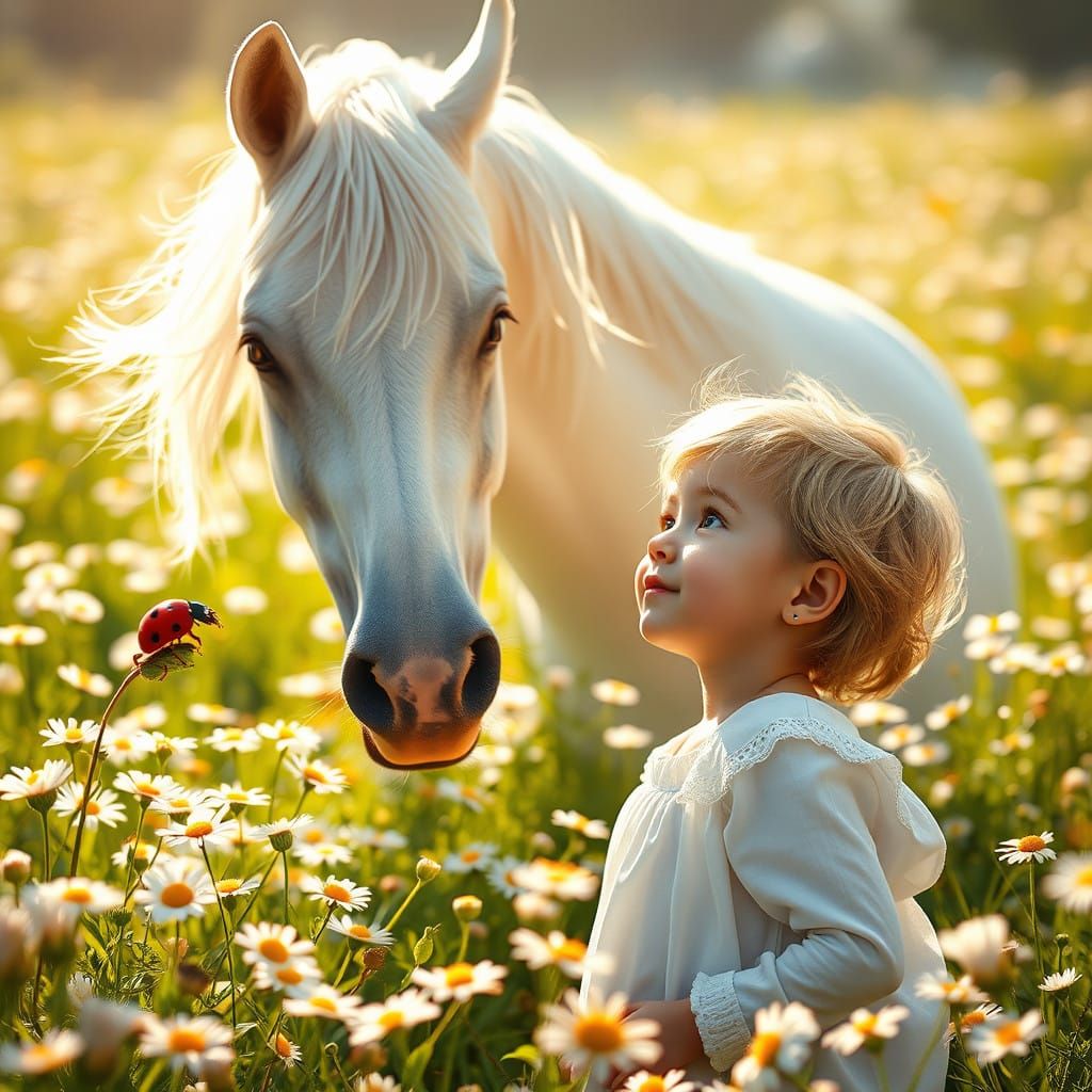 Young Girl Encounters Majestic White Horse in Sunlit Meadow